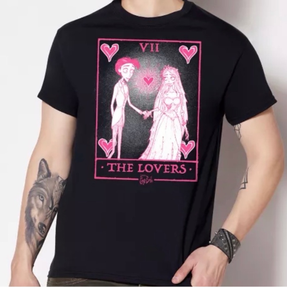 Spencer's Black Corpse Bride T-Shirt with Pink 'The Lovers' Tarot Graphic